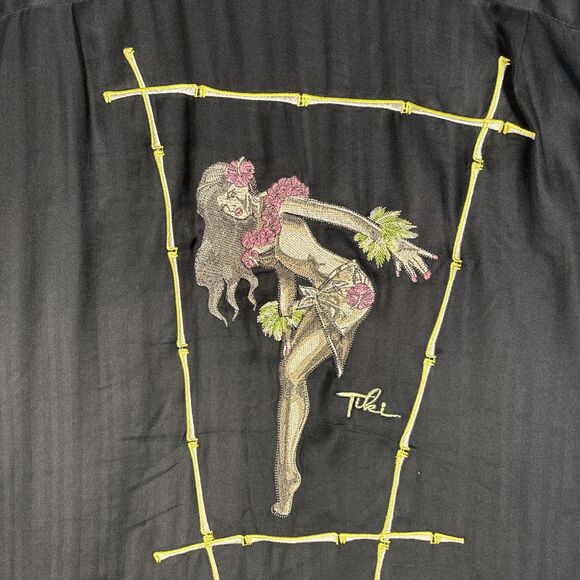 Club Tiki Button Down Shirt Men’s Size L Black Silk Hawaiian Pinup Embroidery - Picture 11 of 12